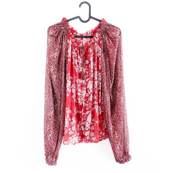 Free People Hendrix Red Floral Boho Peasant Tasseled Blouse Size XS - Picture 2 of 11